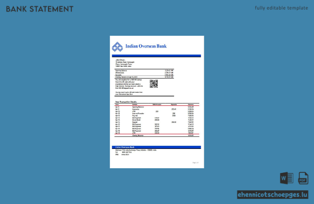 Beispiel für einen Kontoauszug der Indian Overseas Bank (Indien) – Vorschau